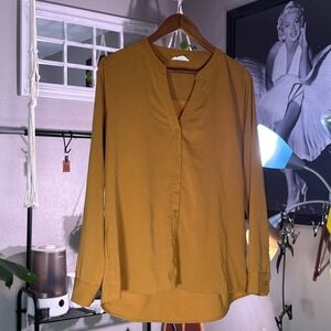 Sophie Rue Mustard Yellow Split Neck Button Front Blouse Long Sleeve Large
